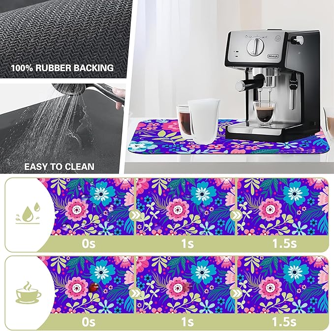Kitchen Mat Colorful Flowers Leaves Dish Drying Mat 12"x19" Bsorbent Coffee Maker Mat for Sink Dishes or Under Rack Kitchen Counter Accessories Absorbent Hide Stain Rubber Backed Dish Drying Pad