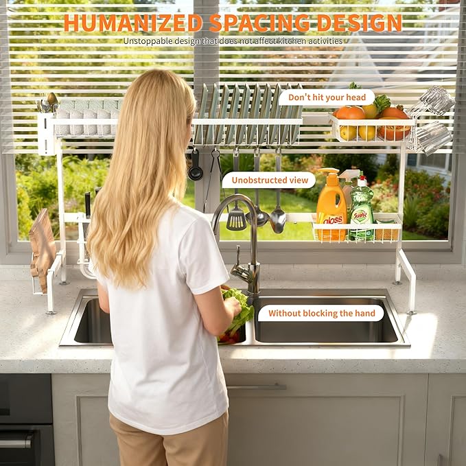 HOTEAGLE Over The Sink Dish Drying Rack 2 Tier Large Extensible Dish Drainer Rack Kitchen Sink Organizer, 25.6"-39.4" L x 12.4" W x 20.5" H, White