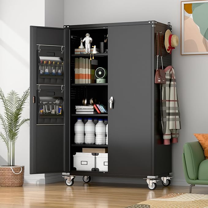 Black Metal Garage Cabinets with Wheels, 72.05” Lockable Rolling Storage Tool Cabinet with Wheels with Shelves&Pegboard&Hooks for Home Utility Room Warehouse, Assembly Required, Black