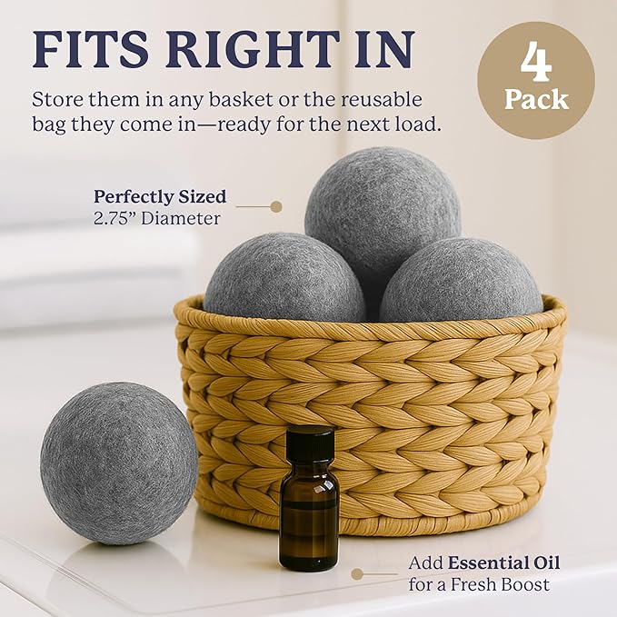 Farberware Wool Dryer Balls 4 Pack – Reusable 100% Wool Balls for Dryer – Natural Fabric Softener for Laundry, Towels & Bedding, Replaces Fabric Sheets & Liquid Softeners