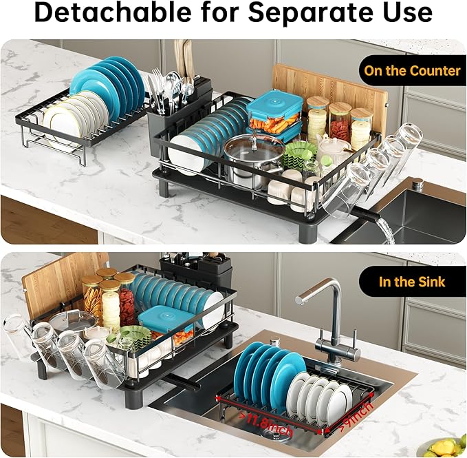 IMXSUMDA Dish Drying Rack, 2 Tier Dish Racks for Kitchen Counter, Compact Drying Rack Kitchen, Rust-Resistant Dish Drainer, Detachable Space-Saving Dish Rack with Drainboard, Utensil Holder, Black