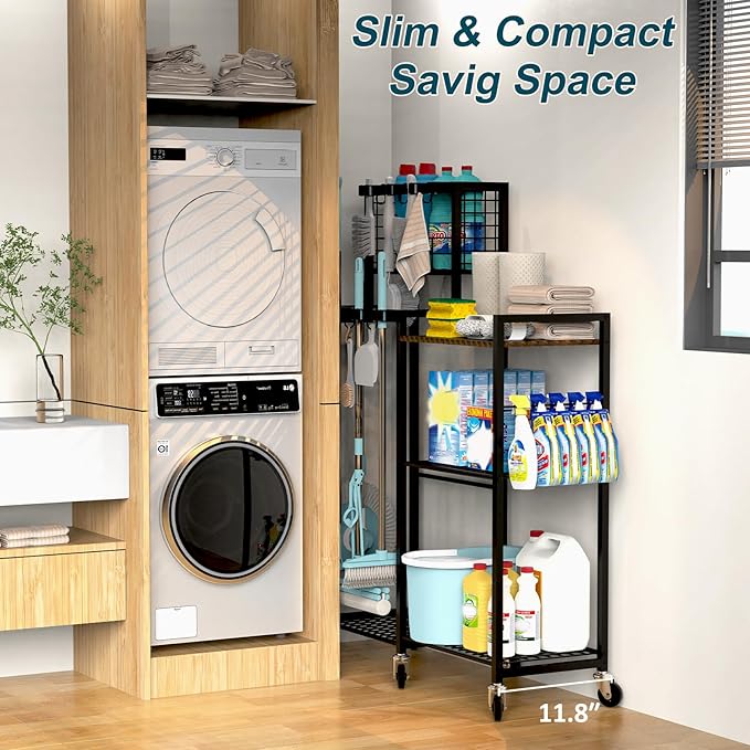 Broom Holder with Cleaning Supplies Organizer, Cleaning Cart with Broom Hanger, Broom and Mop Holder with Wheels,11 Mop Hanger Grippers & 6 Hooks, Broom Organizer for Laundry, Garage, Tool Room