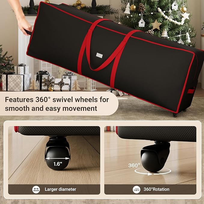 ELYKEN Christmas Tree Storage Bag with Wheels, Rolling Storage Bag for Artificial Christmas Tree and Decorations, Heavy Duty 600D Oxford Fabric, Length-Adjustable Handles, 16x20x64in, Black