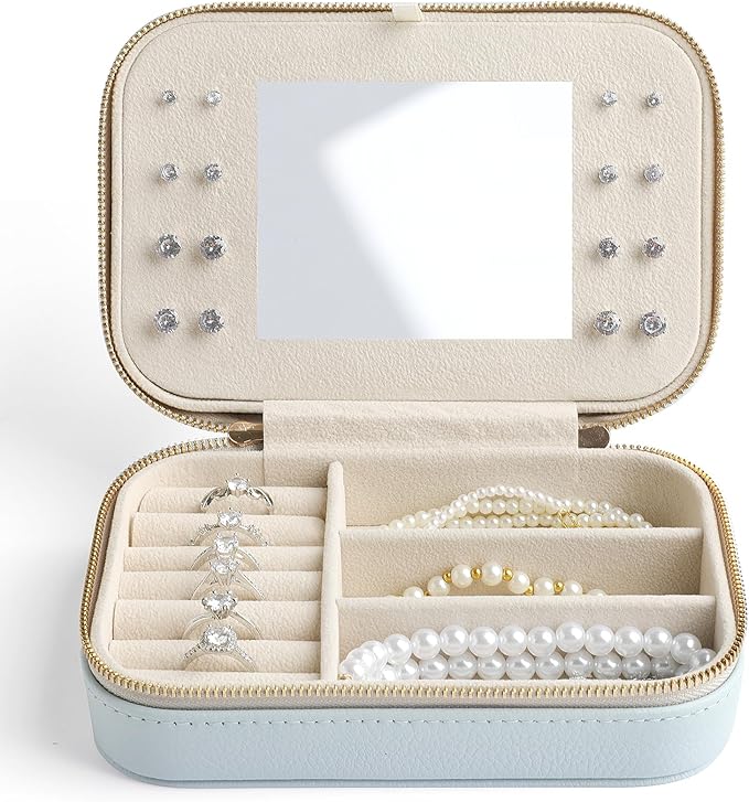 Genuine Leather Travel Jewelry Organizer Case with Mirror for Women, Small Mini Portable Jewelry Box for Ring Earrings Necklace Bracelet Luxury Gift for Women（Ivory White）