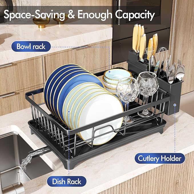 Storico Dish Drying Rack - Space-Saving Dish Rack, Sink Dish Rack for Kitchen Counter, Rustproof Dish Drainer Organizer with Utensil Holder, Black