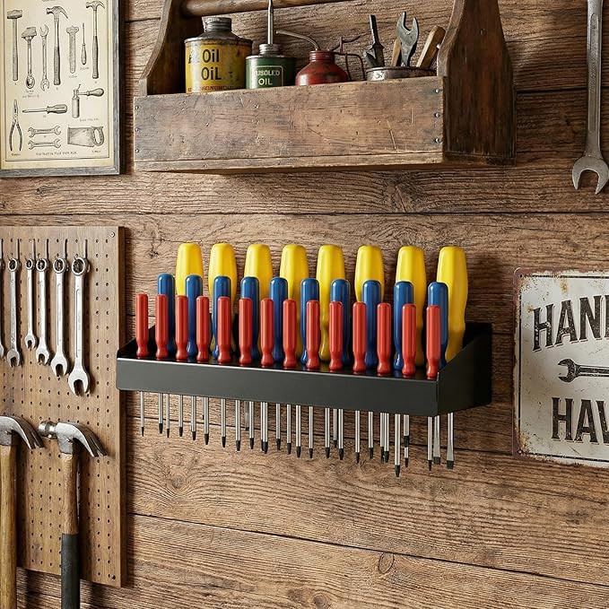 kenaeooe 30 Pcs Screwdriver Organizer, Heavy Duty Black Metal Wall Mount Storage Rack with 32 Holes for Tools, Hand Tool Holder for Garage, Workshop, Home and Shed, 16.57 Inch