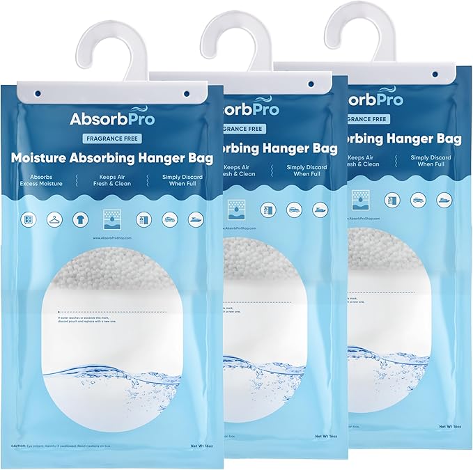 Absorb Pro - Moisture Absorbing Hanger Bag Fragrance Free - 3-Pack - 16 oz Hanging Dehumidifying Packs for Home, Kitchen, Bedroom, Bathroom, Closet, Small Rooms, Cars