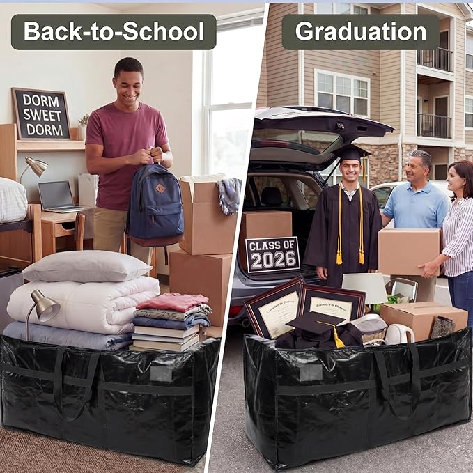 Windyun 4 Pack 177 Gallon Extra Large Moving Bags XXL Heavy Duty Storage Bag with Strong Zipper Handle Jumbo Big Tote Box Foldable for College Dorm Travel Clothes Duffle Blanket Pillow(Black)