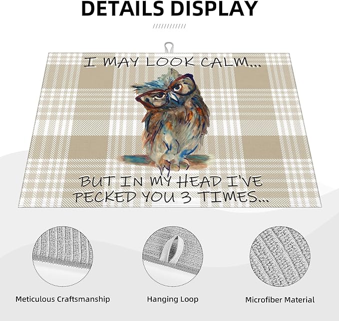 Kitchen Drying Mat Funny Owl Dish Drainer Mat for Kitchen Counter Microfiber Absorbent Reusable Washable 18x24 Inch Home Holiday Decor Cute Buffalo Plaid Drying Pad