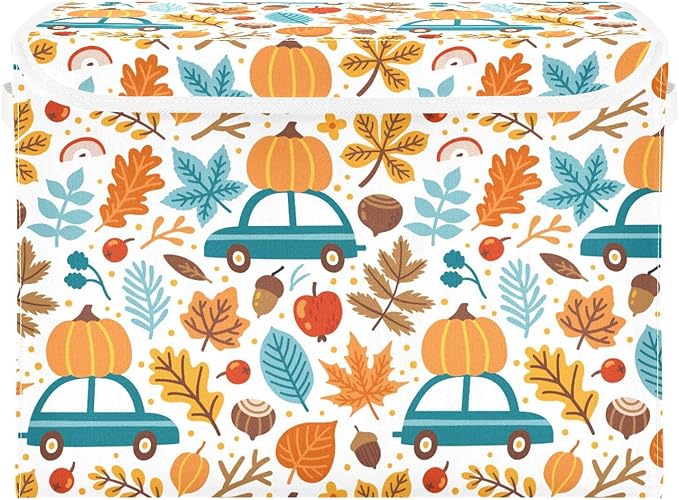Thanksgiving Storage Baskets Collapsible Storage Bins with Lids, Thanksgiving Fall Maple Leaves Truck Pumpkins Storage Boxes Clothes Baskets for Organizing