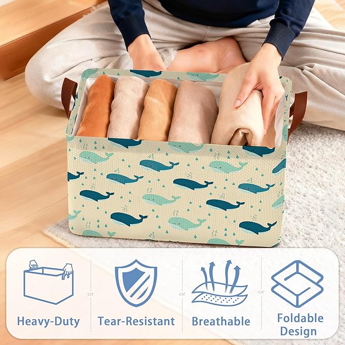 Cute Whale Storage Basket,Collapsible Storage Bin Cubes for Living Room Bedroom Blankets Home Storage 17x11.5x10Inch