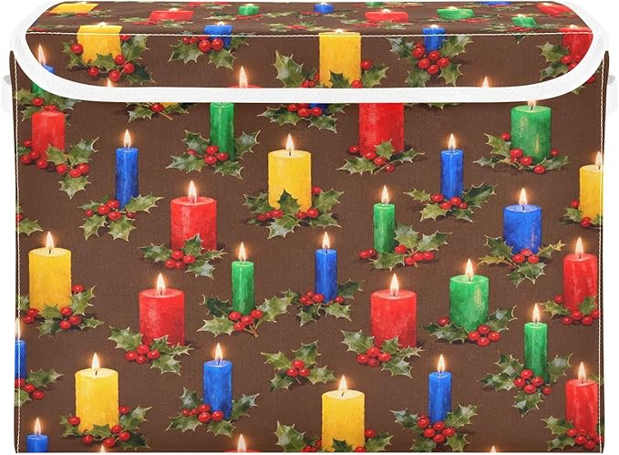 Christmas Candles Holly Berries Storage Bins with Lids Foldable Storage Basket with Handles Collapsible Large Fabric Organizer Containers for Clothes Shelves Closet Office Home