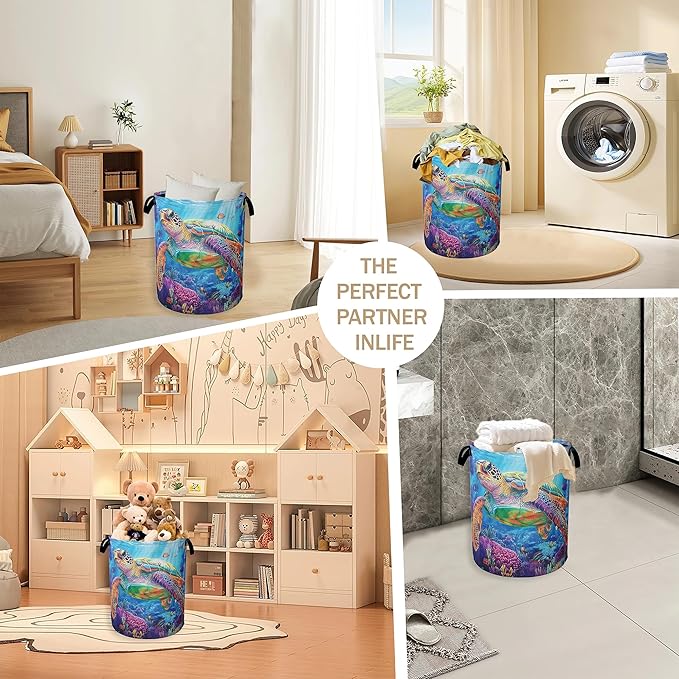Collapsible Laundry Basket,Sea Turtle Dirty Clothes Hamper,Ocean Fish Coral Hampers for Bedroom Waterproof Oxford Cloth Storage Organizer for Bathroom,Nursery,Dorm,16x20 Inch
