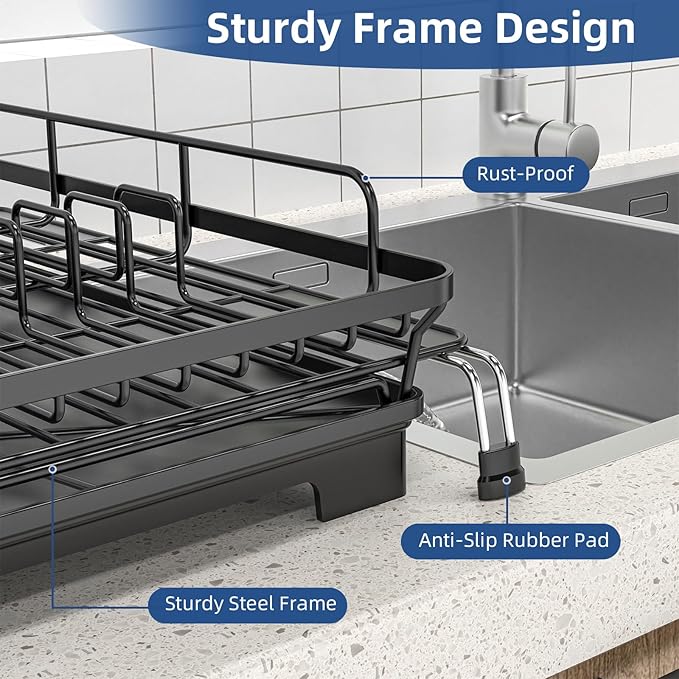 ULAIHOMN Extendable Dish Drying Rack for Kitchen Counter, Rustproof Stainless Steel Dish Rack with 360° Swivel Spout, Large Capacity Expandable Sink Drainer for Bowls, Pots, Silverware - Black