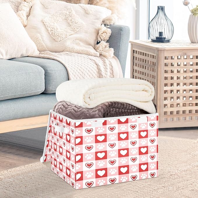 Bolaz Red Checkboard Dog Footprint Hearts Pattern Storage Bins with Lids and Handles, Foldable Storage Box Storage Basket with Cover Collapsible Organizer Containers for Home Closet, Shelves