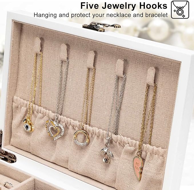 Pinzoveco Jewelry Box for Women, Rustic Wooden Jewelry Organizer Box for Storage Earrings Rings Necklace Bracelet, Farmhouse Style Wood Jewelry Boxes & Organizers (White)