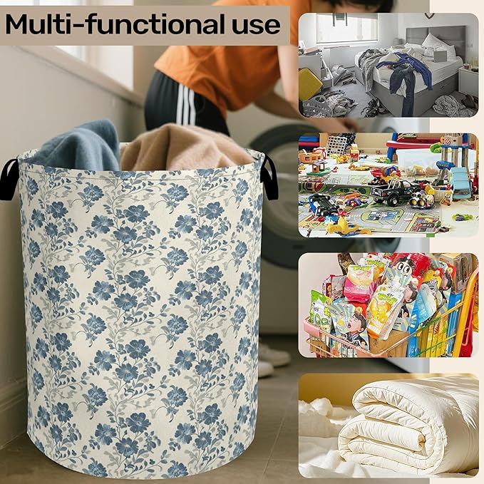 Beige Navy Blue Flowers Laundry Basket - Heavy Duty 60L Dirty Clothes Organizer, Water Resistant Foldable Hamper for Men Women