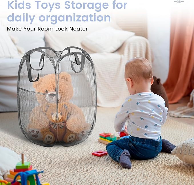 HOUSE AGAIN Mesh Popup Laundry Hamper, [Reinforced] Collapsible Laundry Basket, Foldable Pop Up Hamper with Durable Handles, Easy to Open and Fold for Dorm, Laundry Room, Bedroom, RV, (Grey）