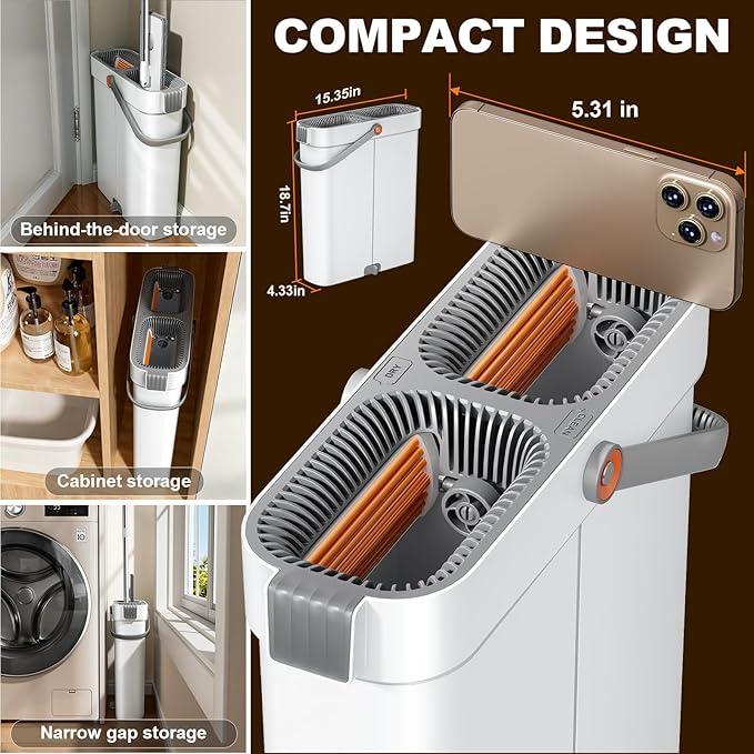 POPMOP Flat Mop and Bucket System - Mop and Bucket with Wringer Set for Home | Wet Dry Mop for Apartment, Tiny Home, Windows, Wall, Hardwood Floor, RV with 6 Reusable Microfiber Cloth