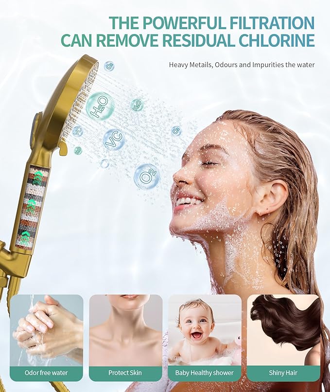 Filtered Shower Head with Handheld, High Pressure 9 Spray Mode Brushed Gold Showerhead with Filters, Detachable Shower Head, Water Softener Filters Beads for Hard Water - Remove Chlorine