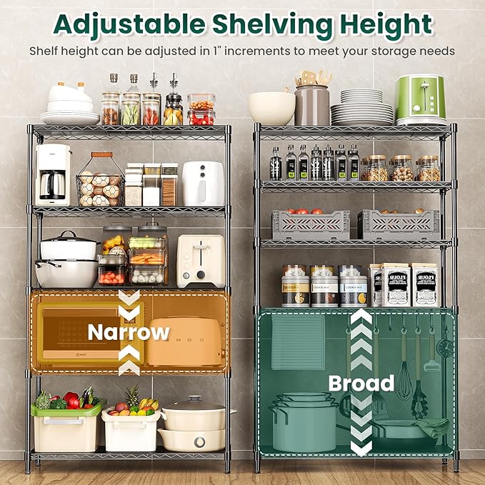 RackBro 5-Tier Storage Shelves 72" H Wire Shelving, Adjustable Metal Shelving Pantry Shelves, 1325LBS Heavy Duty Rack with Shelf Liners for Garage Commercial Kitchen, 36" W x 14" D x 72" H, Black