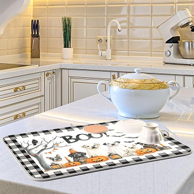 Halloween Dogs Dish Drying Mat for Kitchen Countertop 16x18 Raven Bat Pumpkin Black Buffalo Plaid Small Drying Mat Reusable Quick Dry Dish Sink Mats Easy Clean Decorative Essentials
