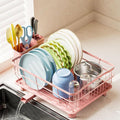 AIDERLY Iron Dish Drying Rack Auto Drain Dish Drainers Kitchen Counter Strainer with Draining Tray, Pink