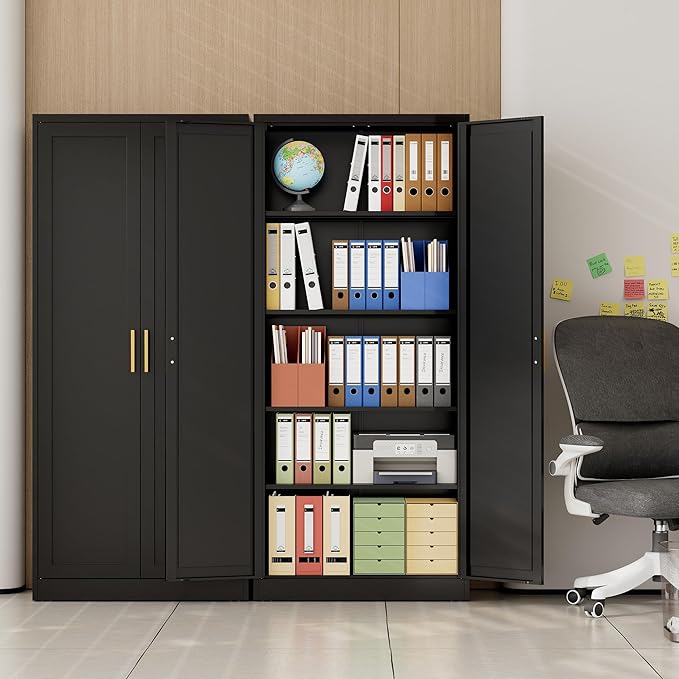 CJF Black Kitchen Pantry Cabinet,71 Inch Tall Metal Storage Cabinet with 4 Adjustable Shelves and Doors, Freestanding Pantry Cabinet for Kitchen, Living Room, Dining Room, Bathroom, Easy to Assemble