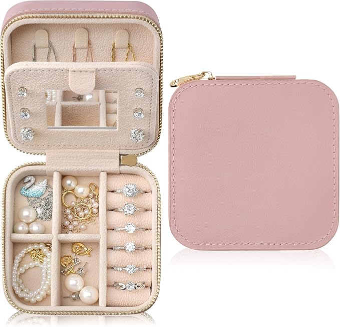 Genuine Leather Travel Jewelry Case Organizer with Mirror for Women, Small Jewelry Box Portable Mini Jewelry Case for Earring, Ring, Necklace, Bracelet(Pink)