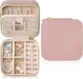 Genuine Leather Travel Jewelry Case Organizer with Mirror for Women, Small Jewelry Box Portable Mini Jewelry Case for Earring, Ring, Necklace, Bracelet(Pink)