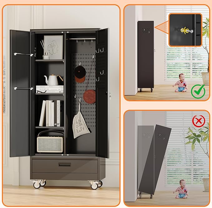 Broom Closet Storage Cabinet with Wheels and Drawer,Garage Storage Cabinet with Doors,Pegboard and Adjustable Shelves for Garage Home,Required Assembly,Black,15.75" D x 31.5" W x 70.83" H