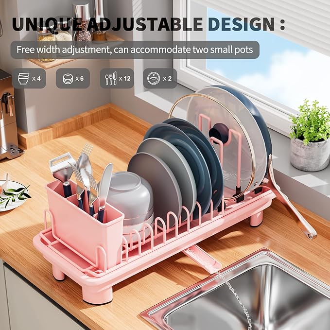Small Dish Drying Rack with Removable Utensil Holder & Anti-Scratch Base - Stainless Steel Dish Rack, Dish Drying Rack with Drainage & Space Saving Design for Kitchen Counter, Pink