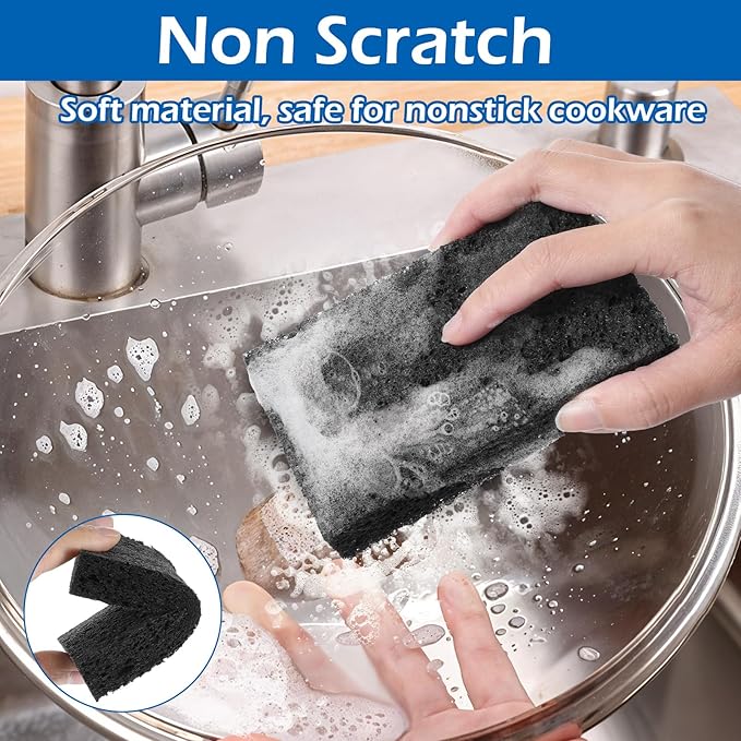 JIEYAO 12 Pack Non-Scratch Scrub Sponges, Compressed Cellulose Sponges, Black Sponge for Dishes Wood Pulp Multi-Purpose Cleaning Sponge for Kitchen Dishes Non-Stick Cookware