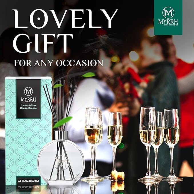 Ocean Breeze Scented Reed Diffuser with 8 Rattan Diffuser Sticks, 150 ml, All Natural Air Freshener, Long-Lasting Diffusers at Home - MyrrhUSA