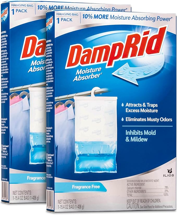 Damp Rid Hanging Bag Moisture Absorbers - 2 Single Packs of 15.4oz Fragrance Free - Closet Deodorizer Odor Eliminator, 10% More Moisture Absorbing Power* - Ilios Packaging