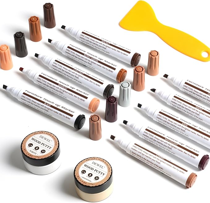 DEWEL 10 Colors Furniture Markers Touch Up & 2 Colors Wood Putty, Wood Scratch Repair Kit for Filling Scratches, Cracks, Holes, Dents, Scuffs - A Simple and Convenient Wooden Repair Solution
