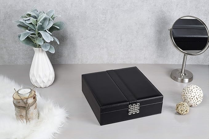 Glenor Co 12 Section Necklace Organizer - Large Mirror - 2 Trays - PU Leather - Black - Jewelry Box - Modern Buckle Closure - Fits Necklace & Bracelet - Jewelry Holder for Women Teens & Girls