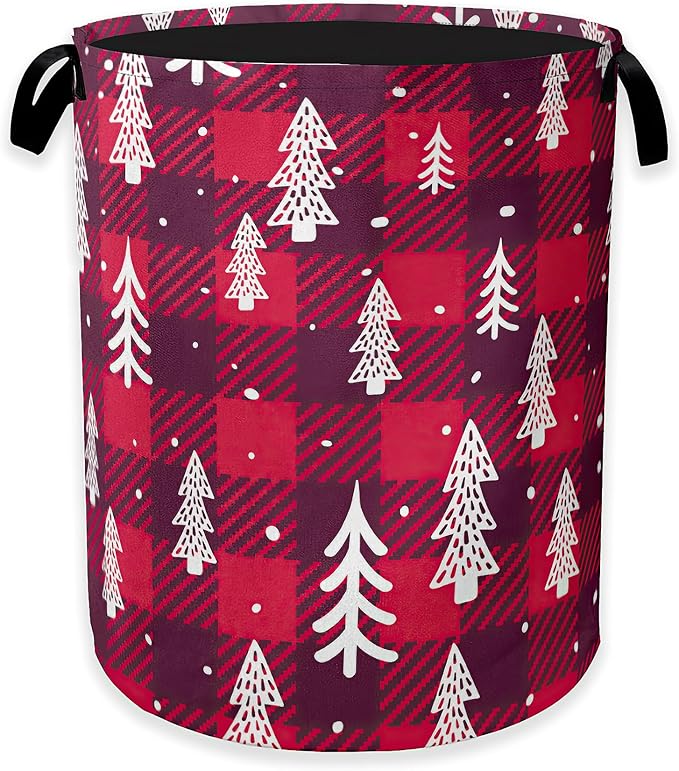 Christmas Tree Laundry Hamper,Red Plaid Collapsible Laundry Baskets,Waterproof Oxford Cloth Laundry Room Organization for Bedroom,Bathroom,Nursery,16x20 Inch