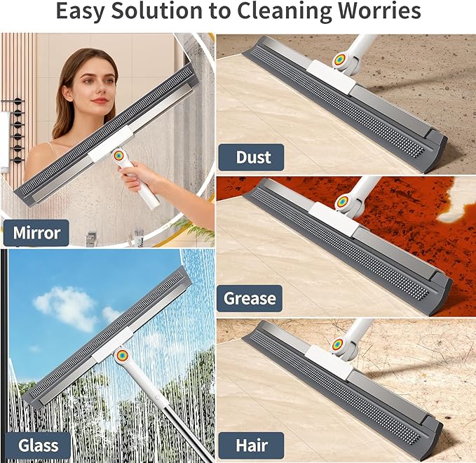 Floor Squeegee with 180° Rotating Head & 63" Long Handle, Rubber Silicone Magic Broom for Floor Cleaning, Squeegee Broom for Pet Hair, Bathroom Tile, Garage Concrete, Deck, Shower Glass
