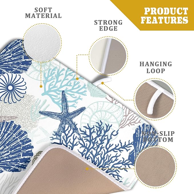 Summer Navy Blue Dish Drying Mat for Kitchen Counter 16×18 Inch Coral Drainer Pad Washable Starfish Dish Rack Pad Drainer Mat Beach Absorbent Reversible Microfiber Dish Drying Pad for Coffee Bar