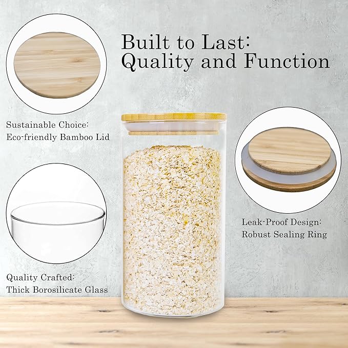 EQEY Glass Storage Jars Set Elegant Containers with Airtight Bamboo Lids, Perfect for Kitchen Organization - Flour, Rice, Pasta, Sugar, Coffee Beans (2 packs(37oz) / 2 packs(111oz))