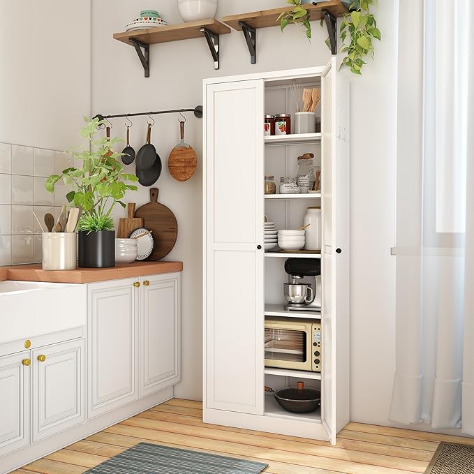 Kitchen Pantry Cabinet, 72" H Storage Cabinet with Doors and Adjustable Shelves, Metal Bathroom Cabinets, Utility Cabinets for Kitchen, Living Room, Garage, Assembly Required, White