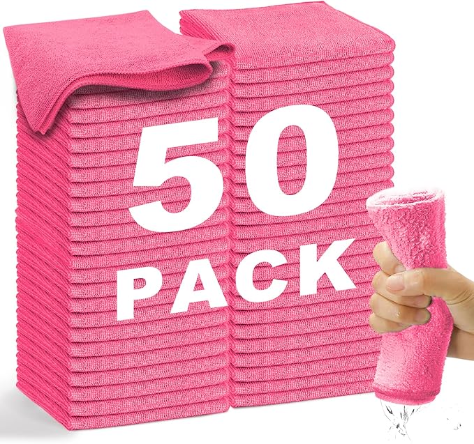 WEAWE Microfiber Cleaning Cloth-50Pcs (13x13 inch) Ultra Soft Highly Absorbent Rags, Reusable and Lint Free Cleaning Towels for Housekeeping-Machine Wash (HotPink)