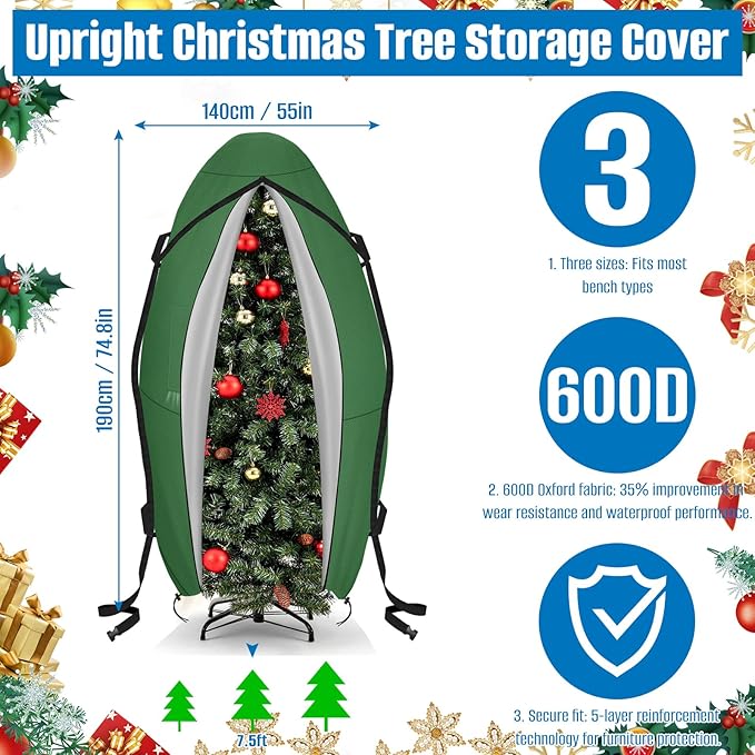 SIRUITON Upright Christmas Tree Storage Bag for 7.5 ft Tall,Heavy Duty 210D Oxford Fabric Vertical Xmas Storage Bags,Waterproof & Tear-Resistant Christmas Tree Cover with UV Protection