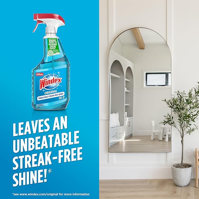 Windex Glass and Window Cleaner Spray Bottle, Packaging Designed to Prevent Leakage and Breaking, Surface Cleaning Spray, Original Blue Scent, 23 Fl Oz
