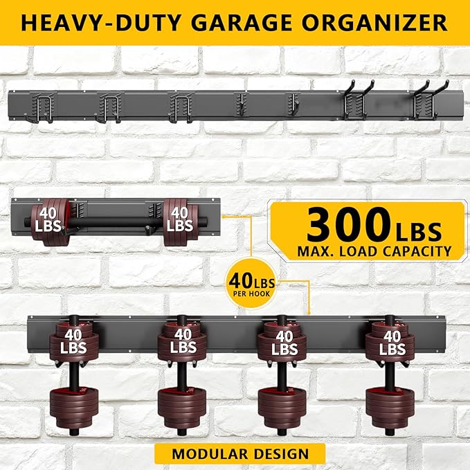 Tebgeag Garage Tool Organizer Wall Mount, 48inch Heavy-Duty Garage Storage System and Garden Tool Organizer with 7 Adjustable Hooks for Shovel, Snowboard, Yard Tools and Shed