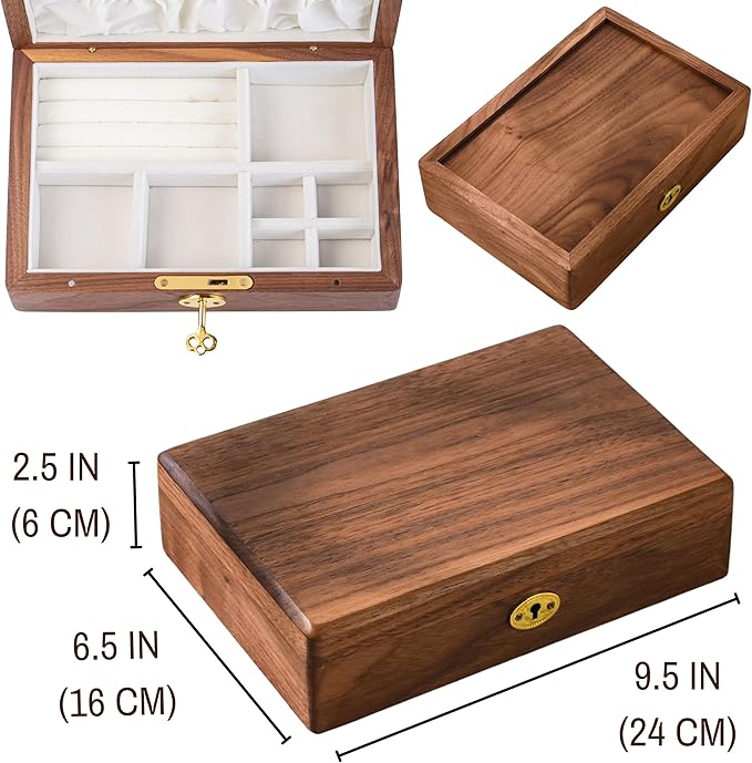Wooden Jewelry Box for Women, Lockable Medium Size Natural Solid Walnut Wood Vintage Trinket Organizer with Large Storage, Ring Compartments, Built in Necklace Hooks, ek09-m-walnut