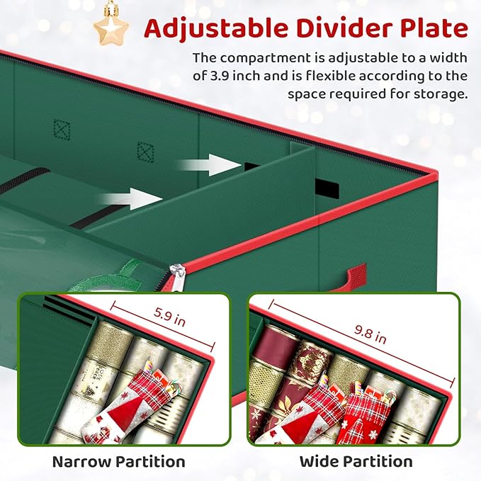 BlessedSeason Wrapping Paper Storage Organizer for 40 Inch Christmas Gifts Wrapping Paper, 2 Visible Supplies Pockets for Holiday Accessories, Christmas Decoration Storage Containers, Green