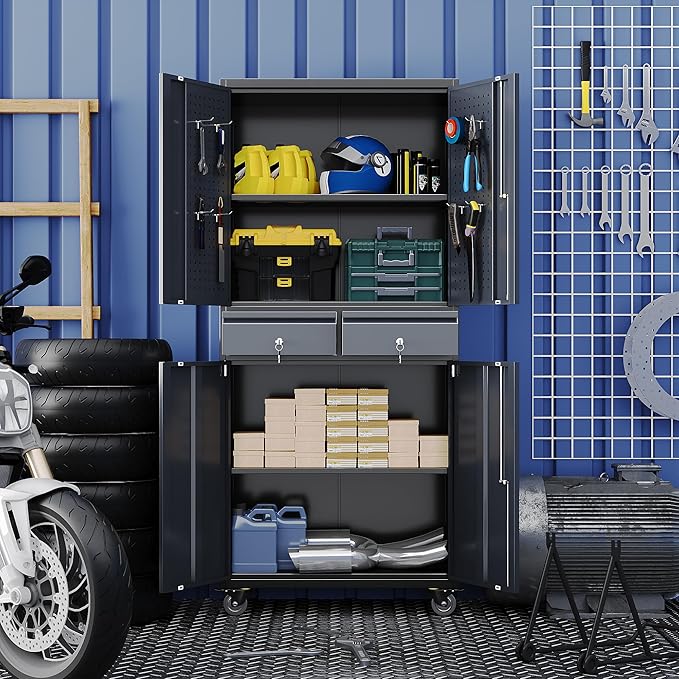 Garage Storage Cabinet with Wheels and Doors,71" H Metal Storage Cabinet with Pegboard and 2 Drawers for Garage, Warehouse,Home,Required Assembly,Black and Dark Grey