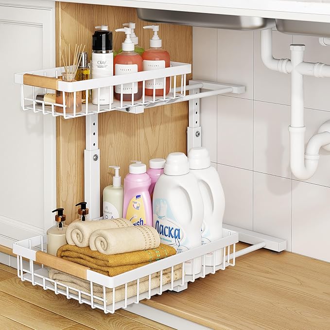 PXRACK(Small Version)1 Pack Under Sink Organizer,Adjustable Height,2 Tier Pull Out Under Cabinet Organizer,Slide Out Thickened Metal Storage Shelf for Kitchen Bathroom Laundry Pantry Cabinet,White